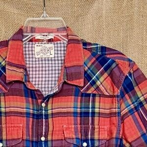 LUCKY BRAND Men’s Shirt Sleeve Shirt Snap-Up Snap Up Orange Blue Flannel Large